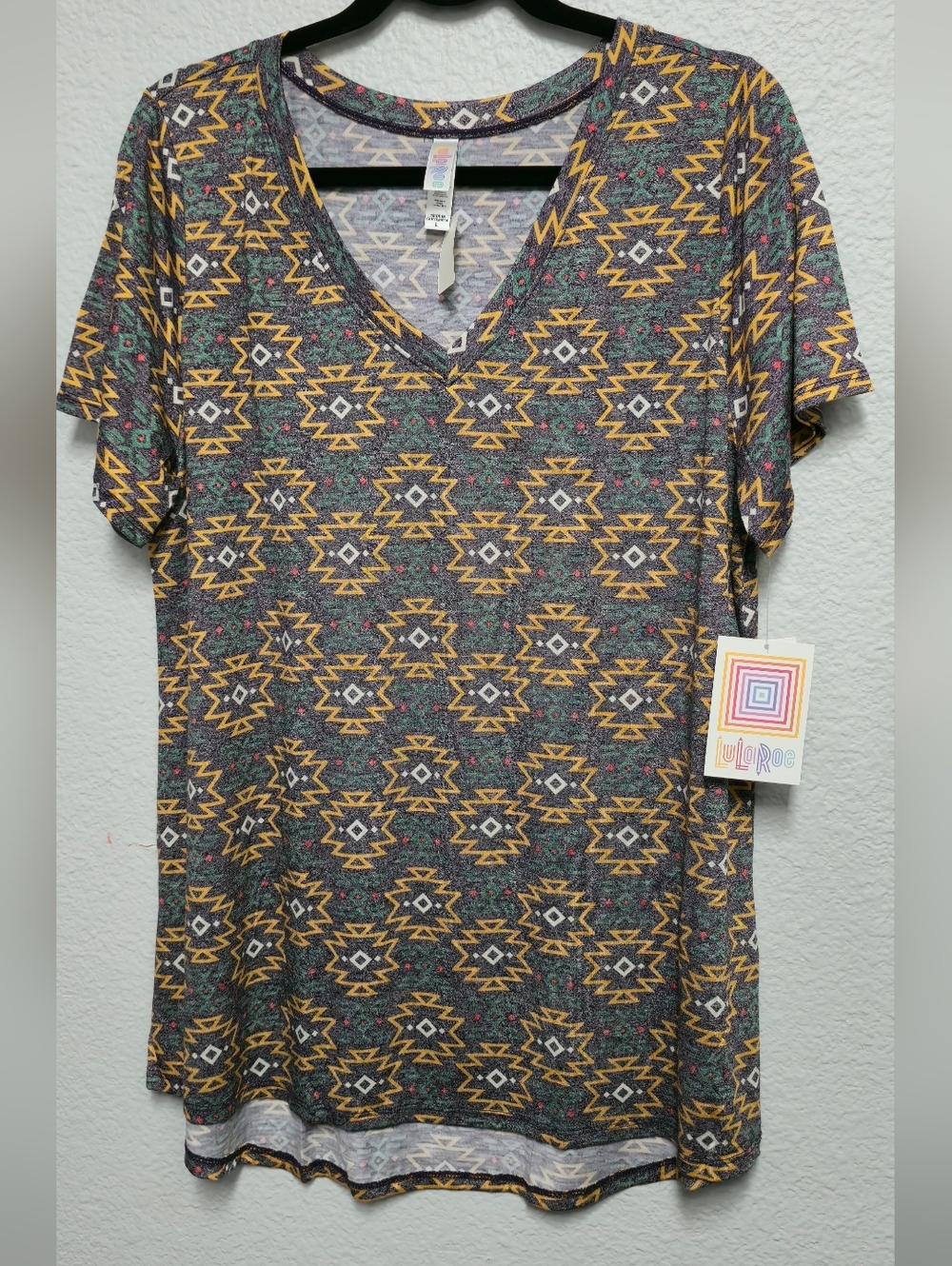 LuLaRoe Short Sleeve V-Neck Top - Gray with Yellow Aztec Pattern